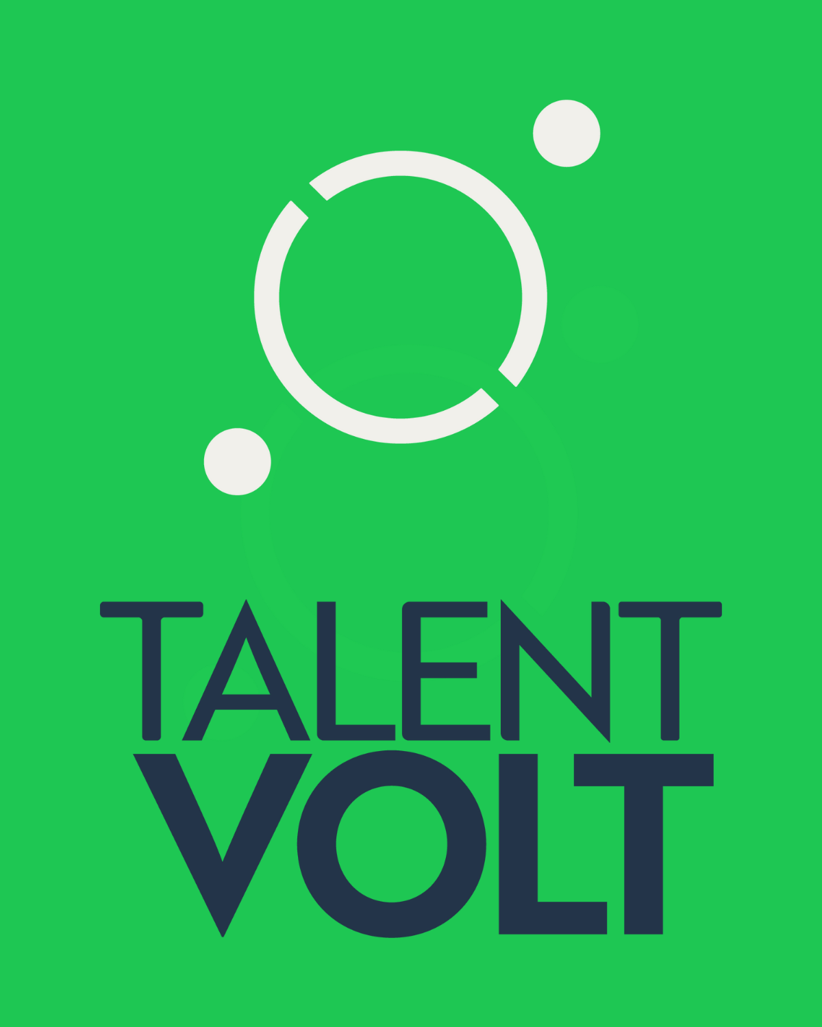 Logo for Talent Volt featuring a bold, dark green background with the text "TALENT VOLT" in large, dark letters at the bottom. Above the text is a circular design with two small white dots, one at the top and one at the bottom, connected by a curved line, forming an abstract representation of connected talent or energy.