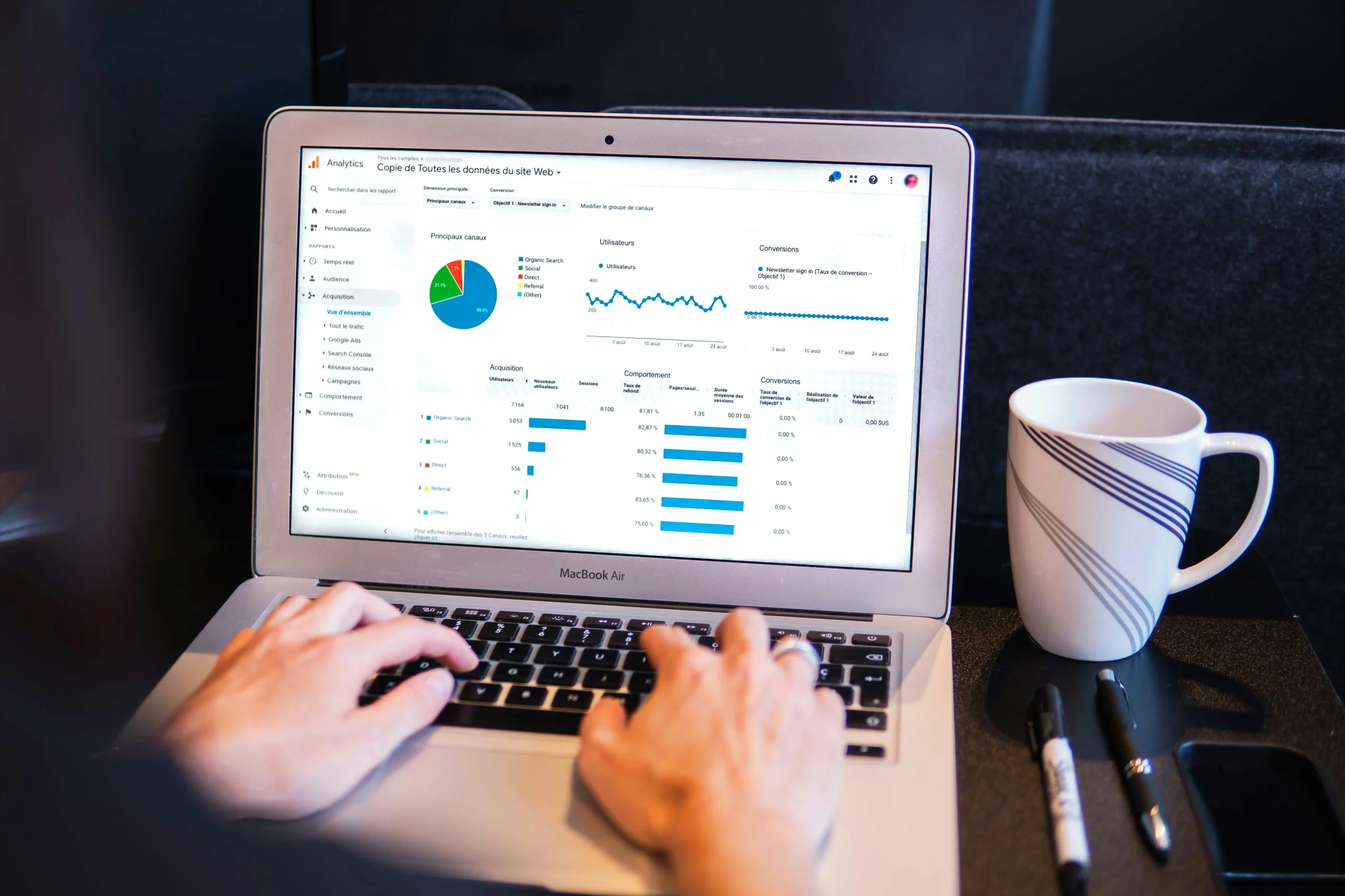 Person analyzing Google Analytics data on a MacBook Air, with a coffee cup, pens, and a smartphone on the table.