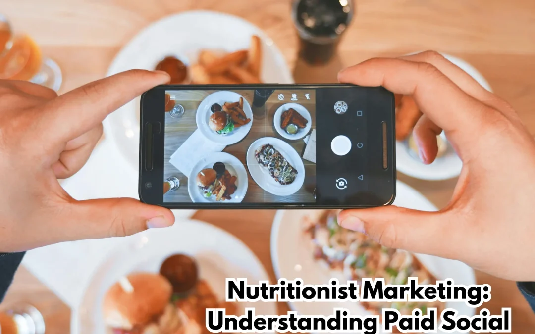 Close-up image of a person taking a photo of food with a smartphone. The screen shows various dishes, including burgers and fries, arranged on a table. The image includes text overlay: "Nutrition Marketing - Understanding Paid Social Media Ads." The setting suggests a focus on digital marketing strategies for the nutrition industry using social media platforms.